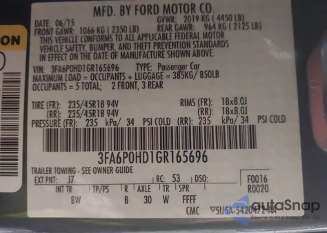 2016 Ford Fusion Se из США, поврежденный, VIN 3FA6P0HD1GR165696